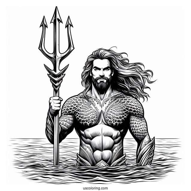 Realistic Aquaman Coloring Page With Trident And Water In The Back