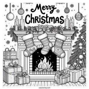 Christmas Coloring Pages For Adults Of Merry Christmas Words On Top Of Fireplace With Stockings