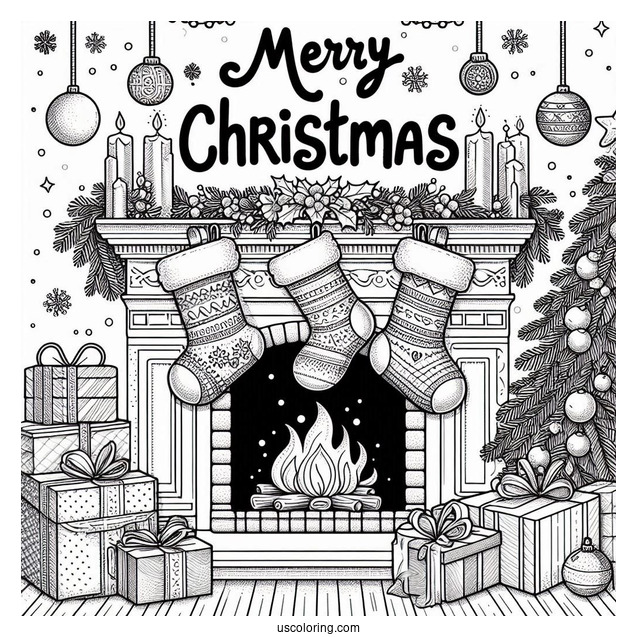Christmas Coloring Pages For Adults Of Merry Christmas Words On Top Of Fireplace With Stockings