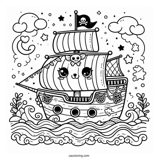 Super Cute Pirate Ship Coloring Page For Preschoolers
