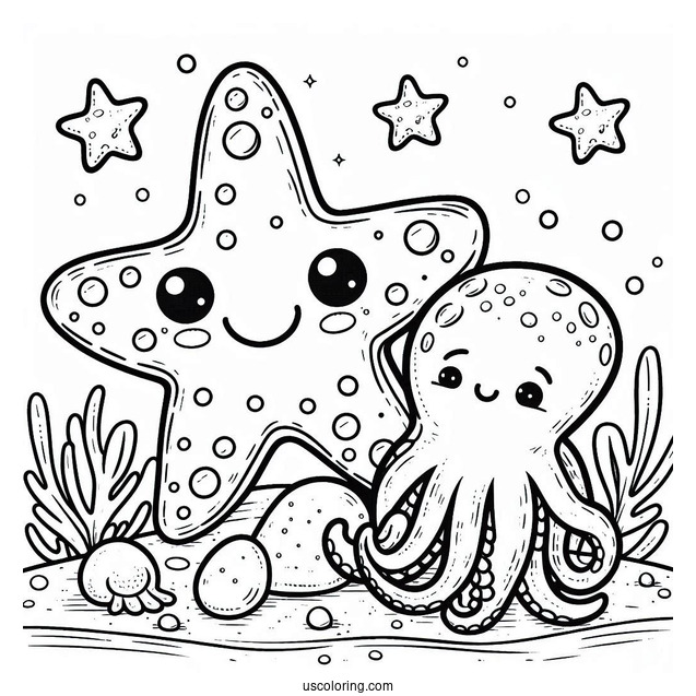Cute Starfish Coloring Page On Rock Beside Octopus For Preschoolers