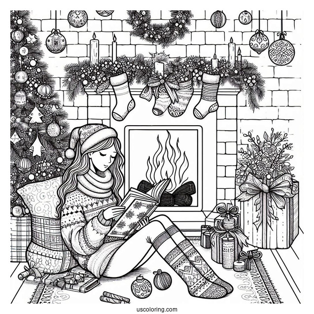 Christmas Coloring Pages For Adults Of Woman Sitting Beside The Fireplace With A Book On Christmas