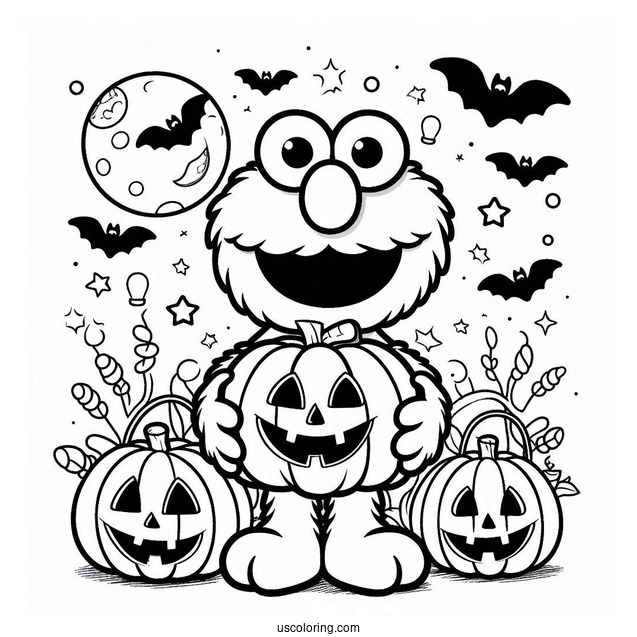 Halloween Themed Elmo Holding a Pumpkin To Color
