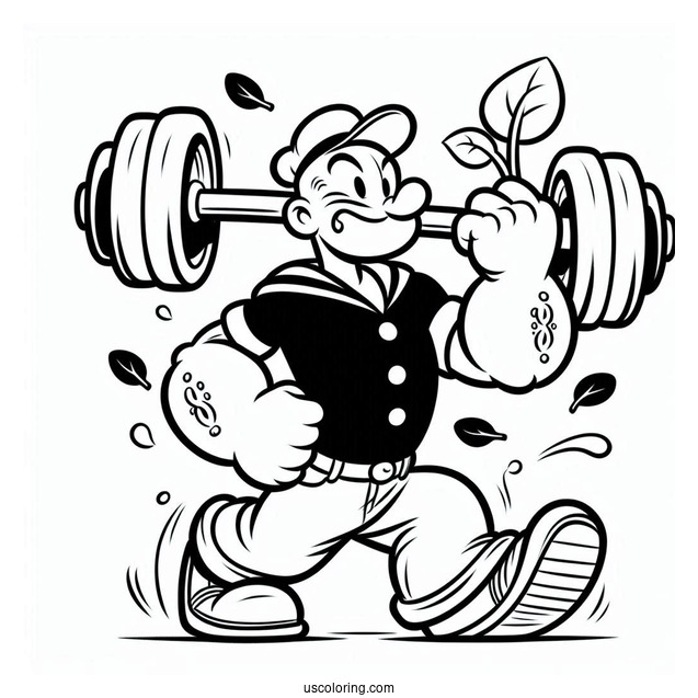 Easy Popeye Coloring Page Lifting Dumbbell While Holding Spinach For Kids