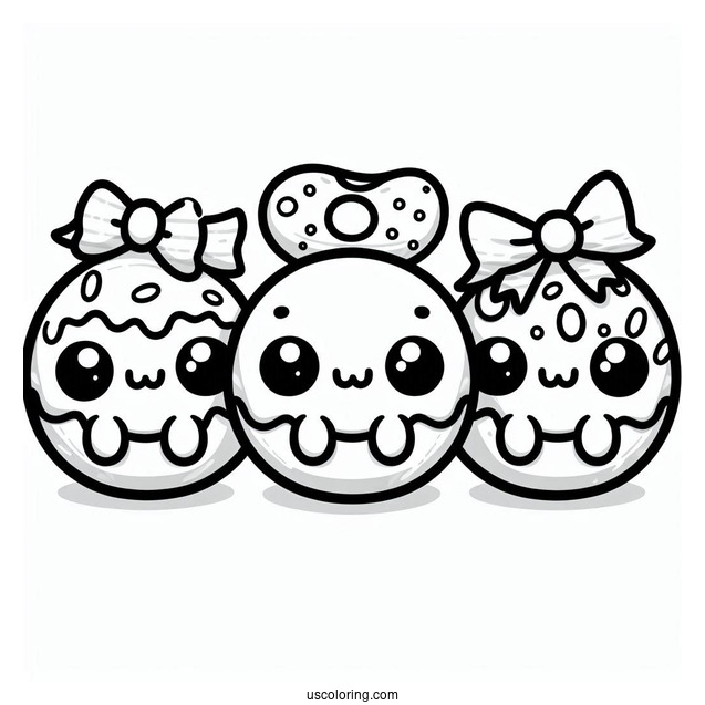 Three Kawaii Mini Donut Coloring Page For Kids