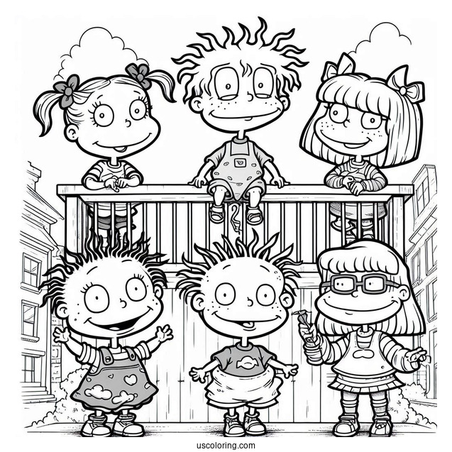 Rugrats Coloring Page Of Detailed Angelika, Tommy, Chuckie, Lillian, And Susie Rugrats