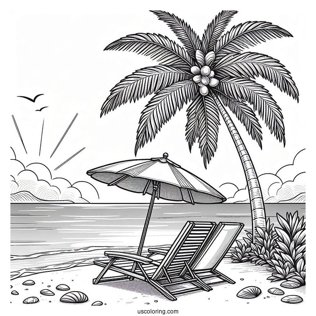 Beach Chairs Under A Palm Tree Facing The Sea