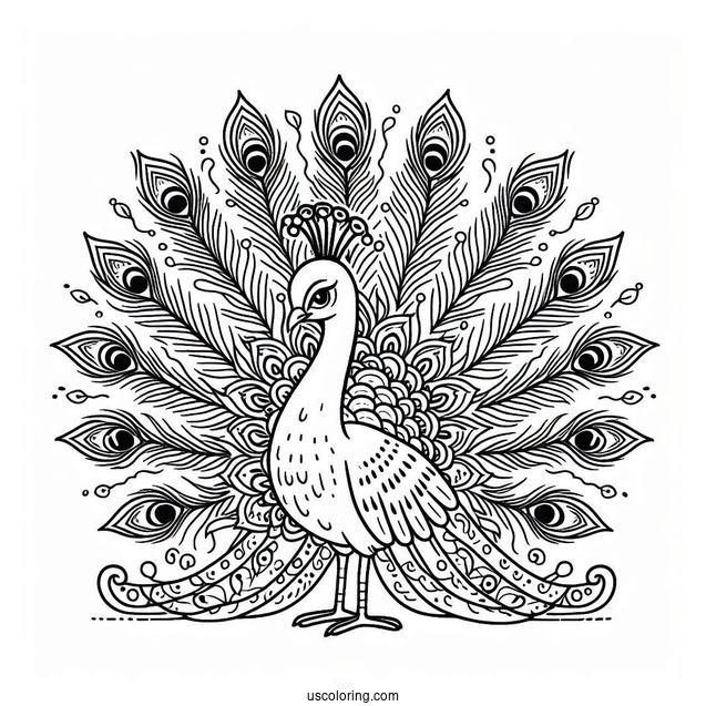 Peacock With Feathers Spread For Coloring