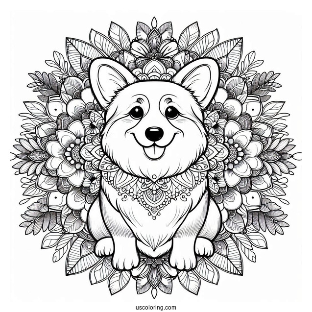 Coloring Page Of Corgi Inside Flower Mandala