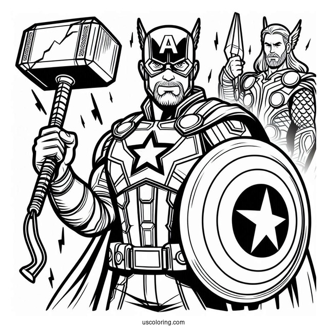 Coloring Page Of Captain America Holding Thors Hammer