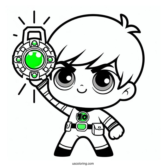 Ben 10 Coloring Page Of Kawaii Ben Ten Holding Up Omnitrix For Preschoolers