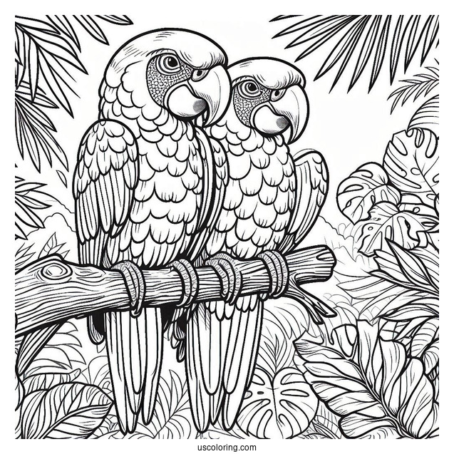Two Macau Parrots In The Jungle Coloring Page