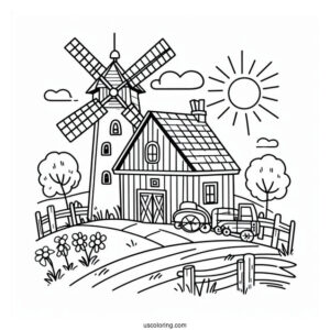 Easy Farm And Windmill To Color