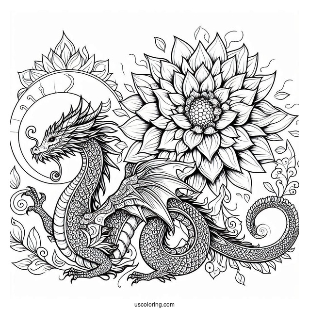 Dragon Behind A Flower Mandala Coloring Page