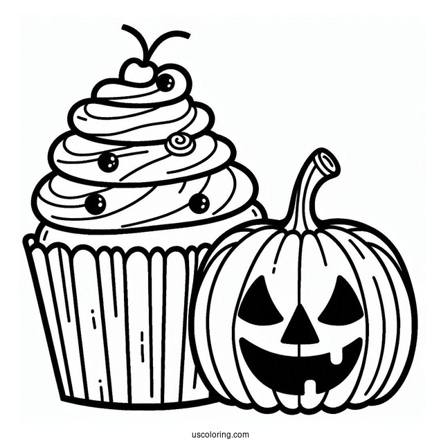 Coloring Page Of Halloween Cupcake With Jack O Lantern