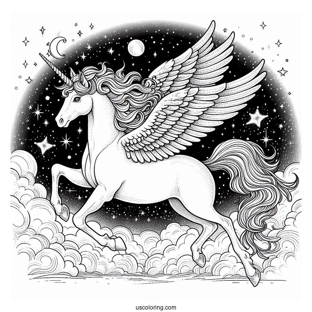 Realistic Pegasus Coloring Page With Starry Night Sky