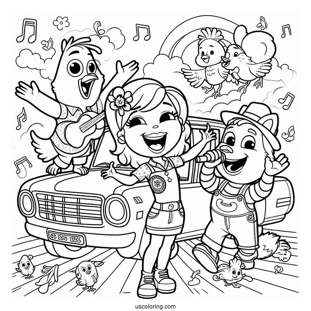 Sing Coloring Page Of Rosita, Gunter, And Friends Singing And Dancing In Front Of Car