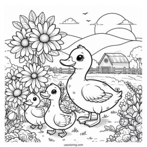 Farm Ducks Walking Through Flower Field