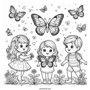 Three Children Enjoying The Butterflies