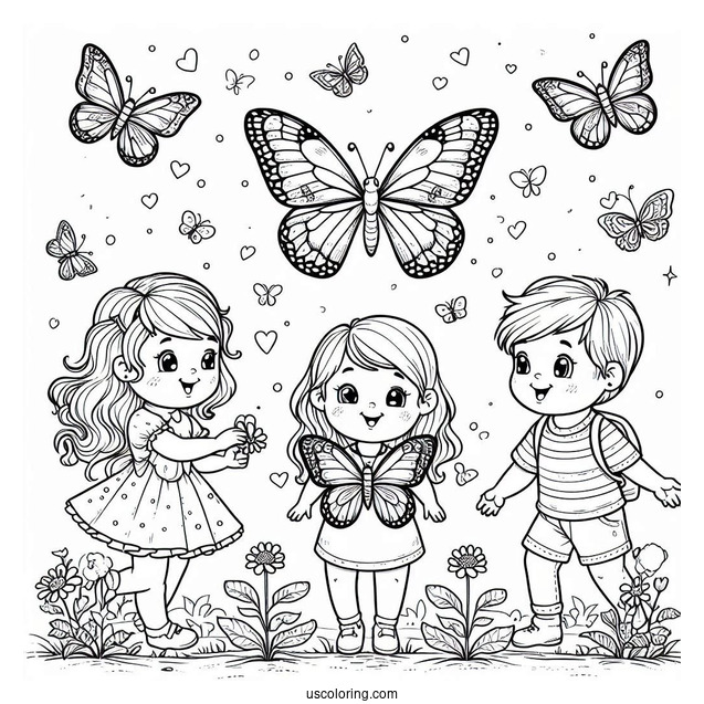 Three Children Enjoying The Butterflies