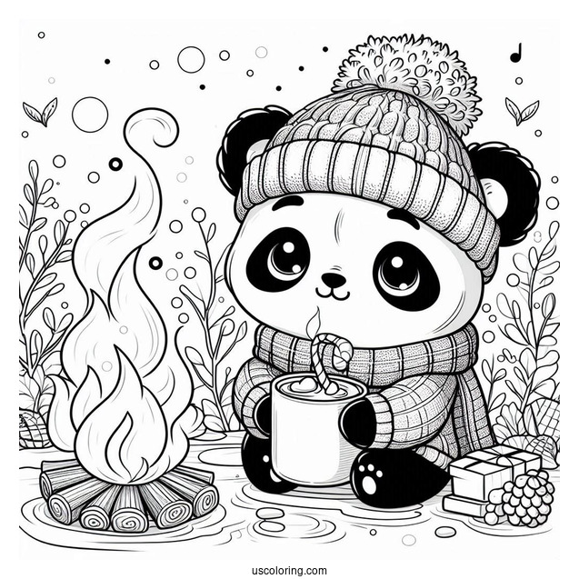 Cozy Panda Coloring Page in Sweater Drinking Hot Cocoa by the River
