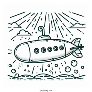 Simple Submarine Coloring Page Outline With Sun Rays And Bubbles