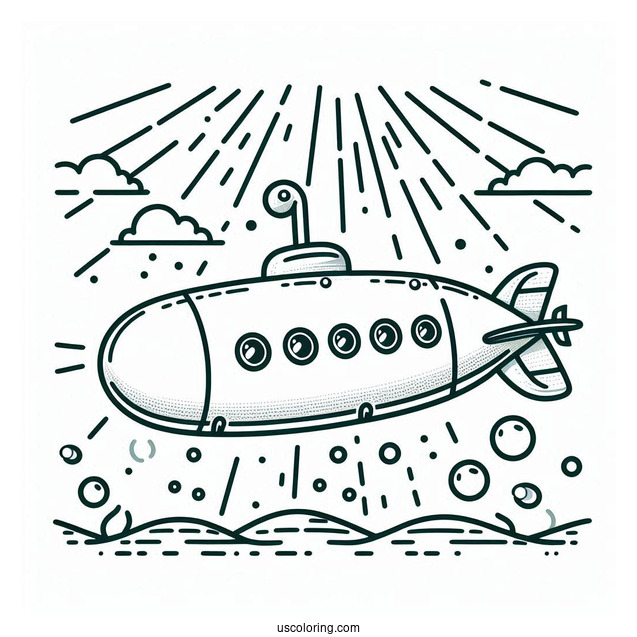 Simple Submarine Coloring Page Outline With Sun Rays And Bubbles