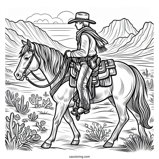 Detailed Cowboy Coloring Page And Horse In Desert