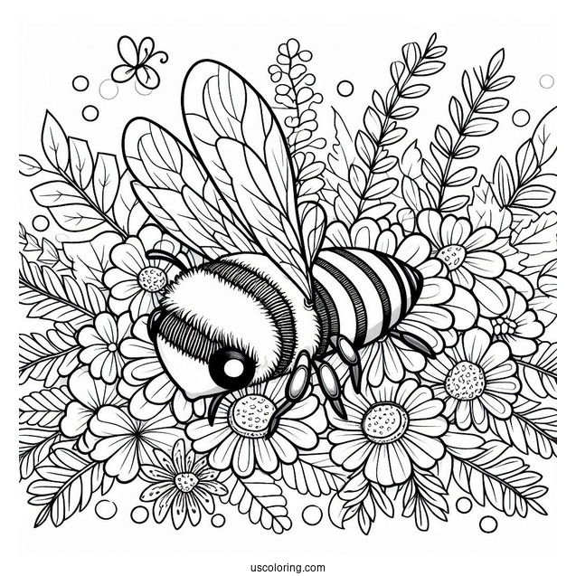 Bee Coloring Page Lying On A Pile Of Flowers And Leaves