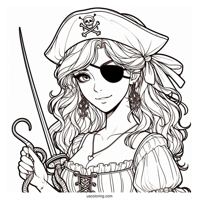 Female Pirate Coloring Page With Eyepatch, Sword, And Hook