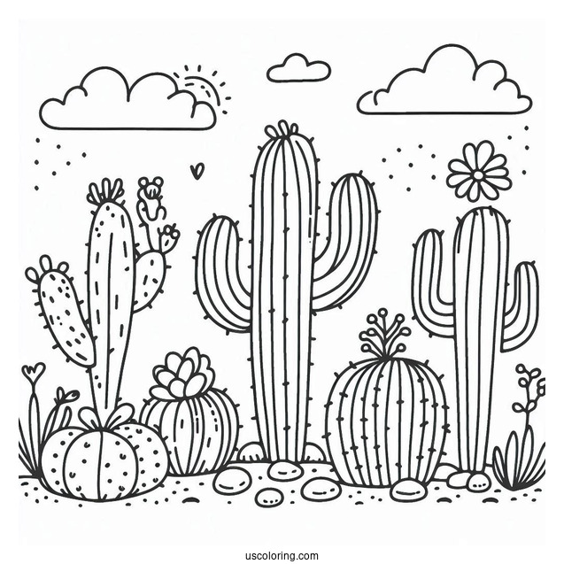 Simple Outline Of Cactus Plants In The Desert For Kids