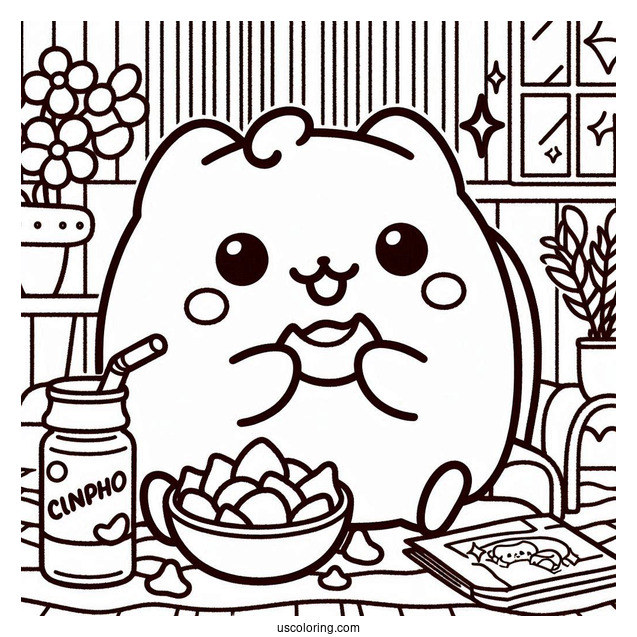 Pompompurin Eating Chips At Home Coloring Sheet
