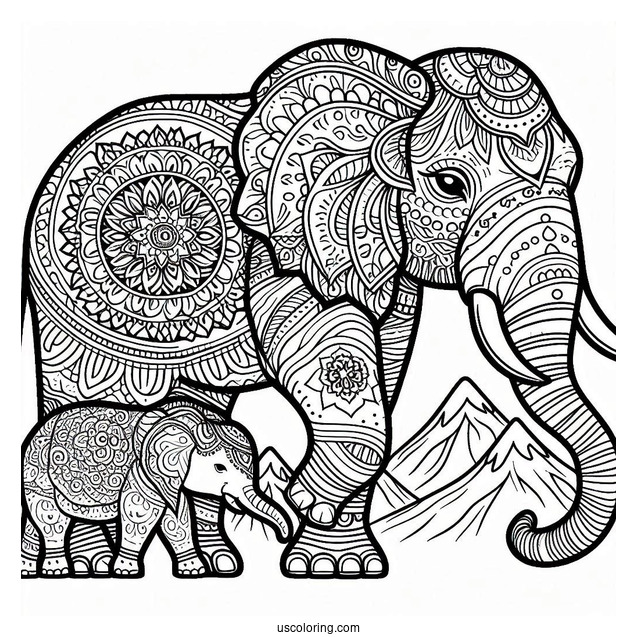 Mandala Elephant Standing Next To Mountain