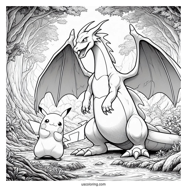 Realistic Charizard With Pikachu In The Forest Coloring Sheet