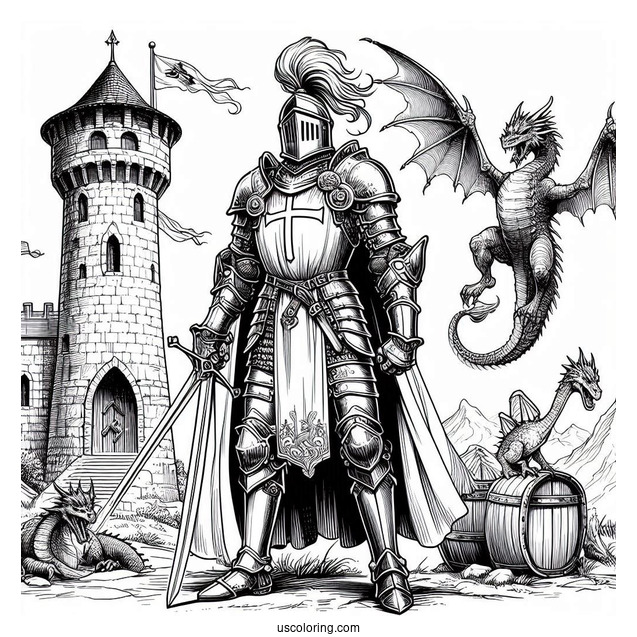 Realistic Knight In Front Of Castle Tower With Dragon