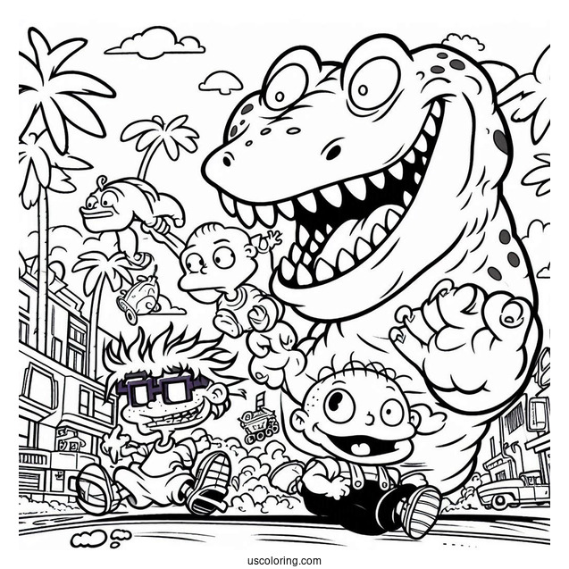 Rugrats Coloring Page Of Reptar Chasing Chuckie And Tommy Rugrats For Kids