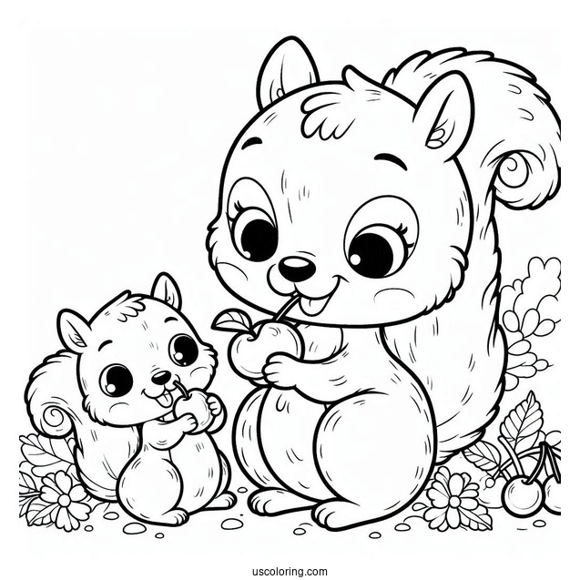 Mother And Son Cartoon Squirrel Coloring Page Eating Cherrie