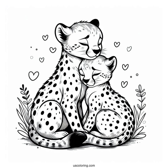 Two Cheetahs Coloring Page Cuddling