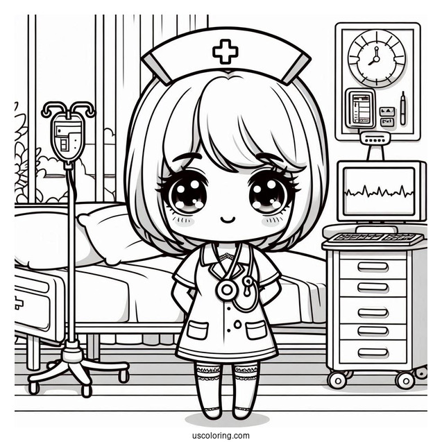Chibi Coloring Page Nurse in a Hospital Room For Kids