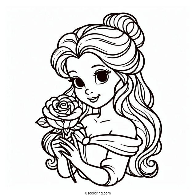 Simple Outline Of Princess Belle Holding a Rose