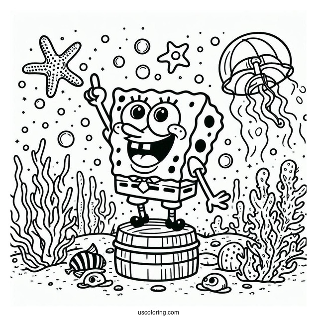 Patrik Catching Jellyfish Coloring Page For Kids