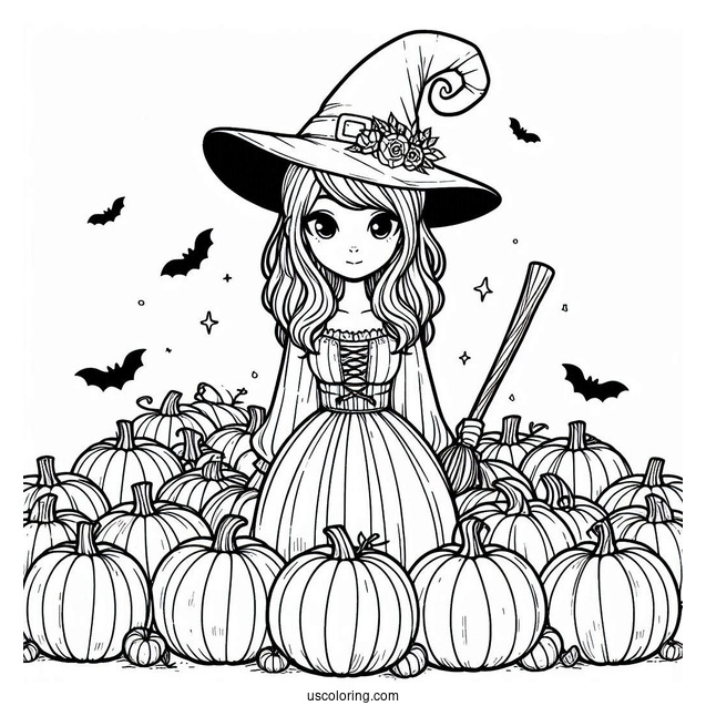 Pretty Witch Surrounded By Numerous Pumpkin Coloring Page