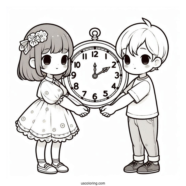 Two Children Holding Hands With a Clock