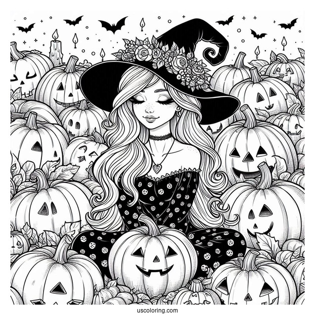 Pretty Witch Surrounded By Numerous Pumpkin Coloring Page