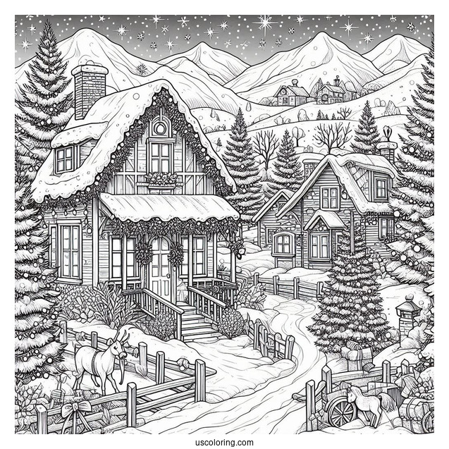 Christmas Coloring Pages For Adults Of Detailed Landscape Of Houses In Christmas Winter Wonderland