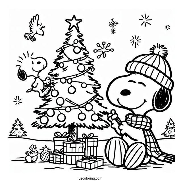 Snoopy And Woodstock Decorating Christmas Tree To Color