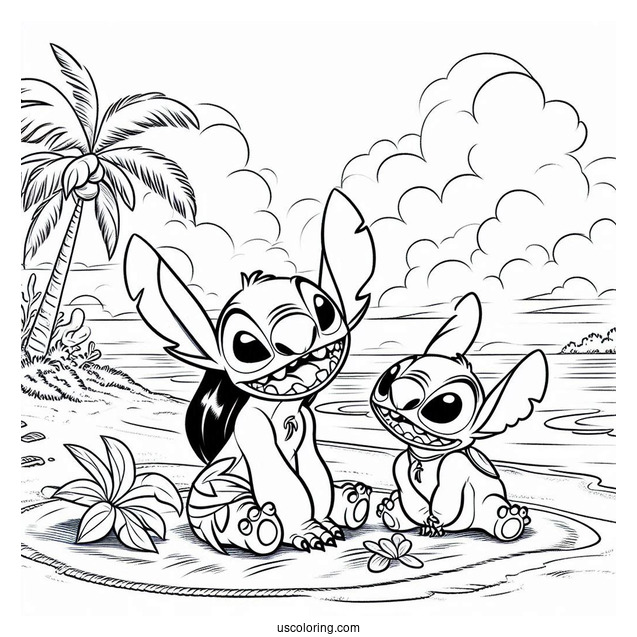 Coloring Page Of Lilo And Stitch On Beach With Jumba And Pleakley