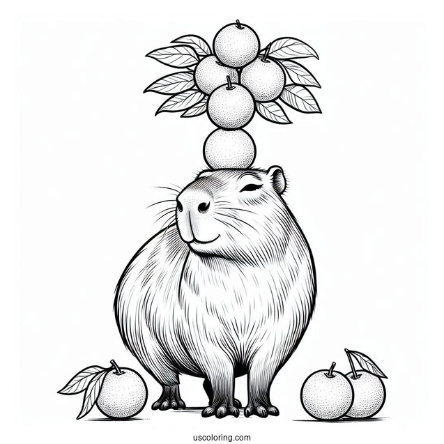 Serious Capybara Coloring Page Balancing Tangerines On Its Head