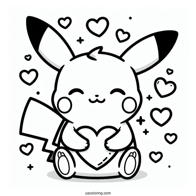 Cute Coloring Page Of Easy Pikachu With Love Hearts For Preschoolers