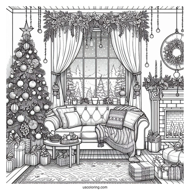 Christmas Coloring Pages For Adults Of Window Looking Into Living Room With Christmas Decors